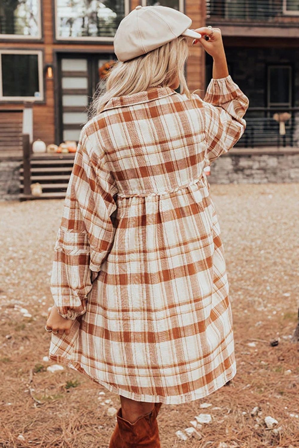 Plaid Collared Neck Long Sleeve Mini Shirt Dress