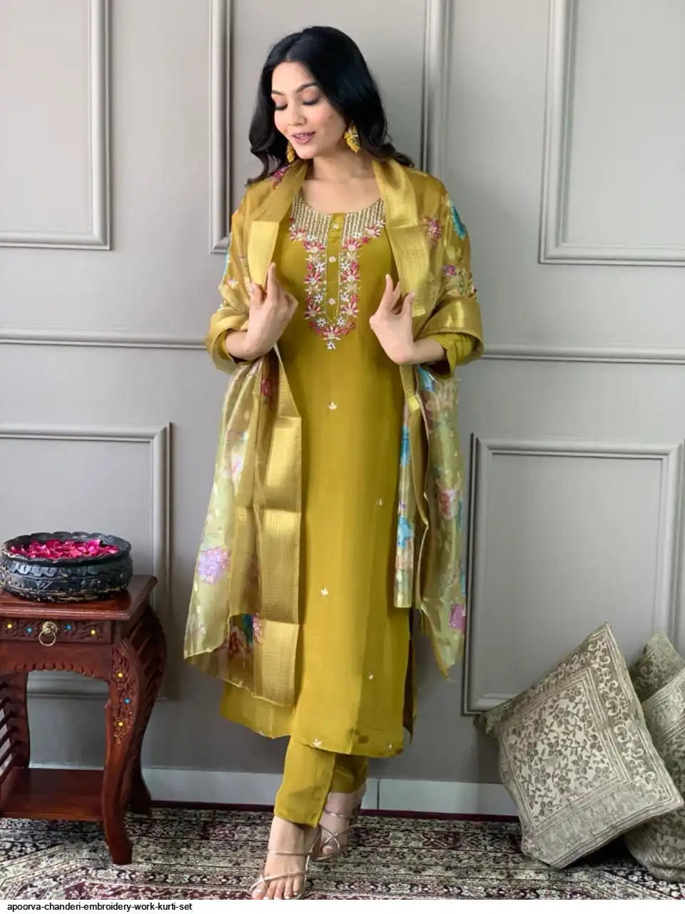 AZR APOORVA CHANDERI EMBROIDERY WORK KURTI SET