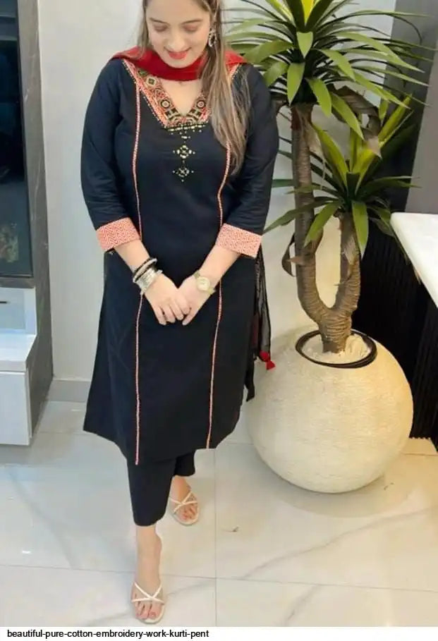 AZR BEAUTIFUL PURE COTTON EMBROIDERY WORK KURTI PENT