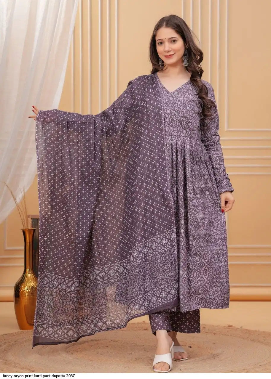 AZR FANCY RAYON PRINT KURTI PANT DUPATTA