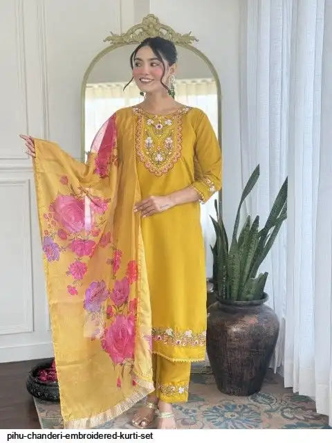 AZR PIHU CHANDERI EMBROIDERED KURTI SET