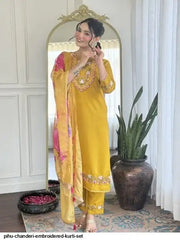 AZR PIHU CHANDERI EMBROIDERED KURTI SET