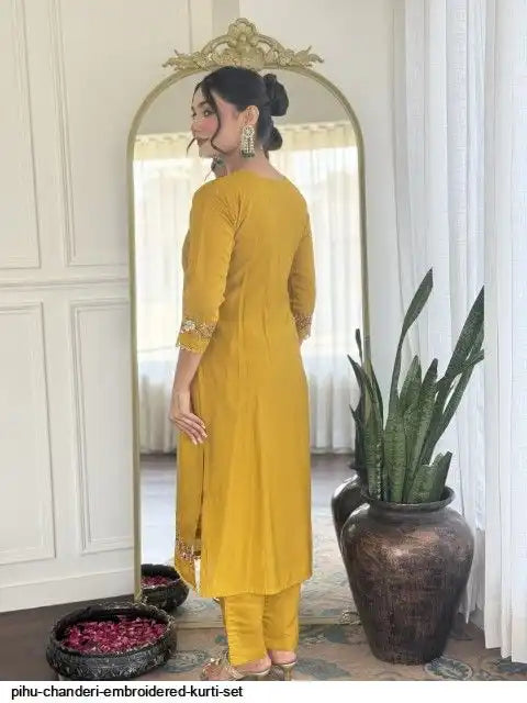 AZR PIHU CHANDERI EMBROIDERED KURTI SET