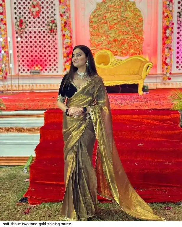 AZR SOFT TISSUE TWO TONE GOLD SHINING SAREE WITH READYMADE BLOUSE