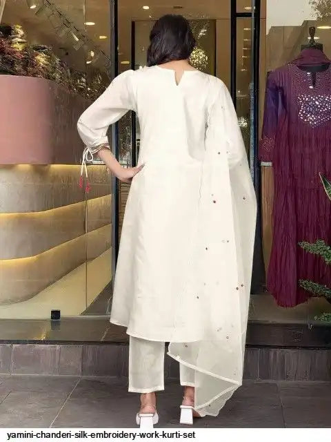 AZR YAMINI CHANDERI SILK EMBROIDERY WORK KURTI SET A