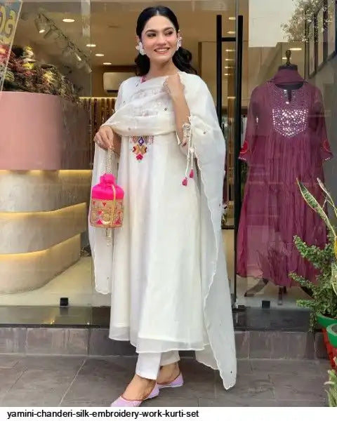 AZR YAMINI CHANDERI SILK EMBROIDERY WORK KURTI SET A