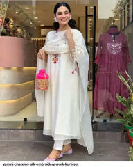 AZR YAMINI CHANDERI SILK EMBROIDERY WORK KURTI SET A