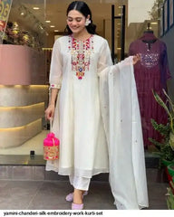 AZR YAMINI CHANDERI SILK EMBROIDERY WORK KURTI SET A