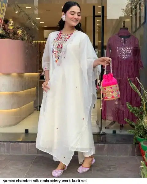 AZR YAMINI CHANDERI SILK EMBROIDERY WORK KURTI SET A